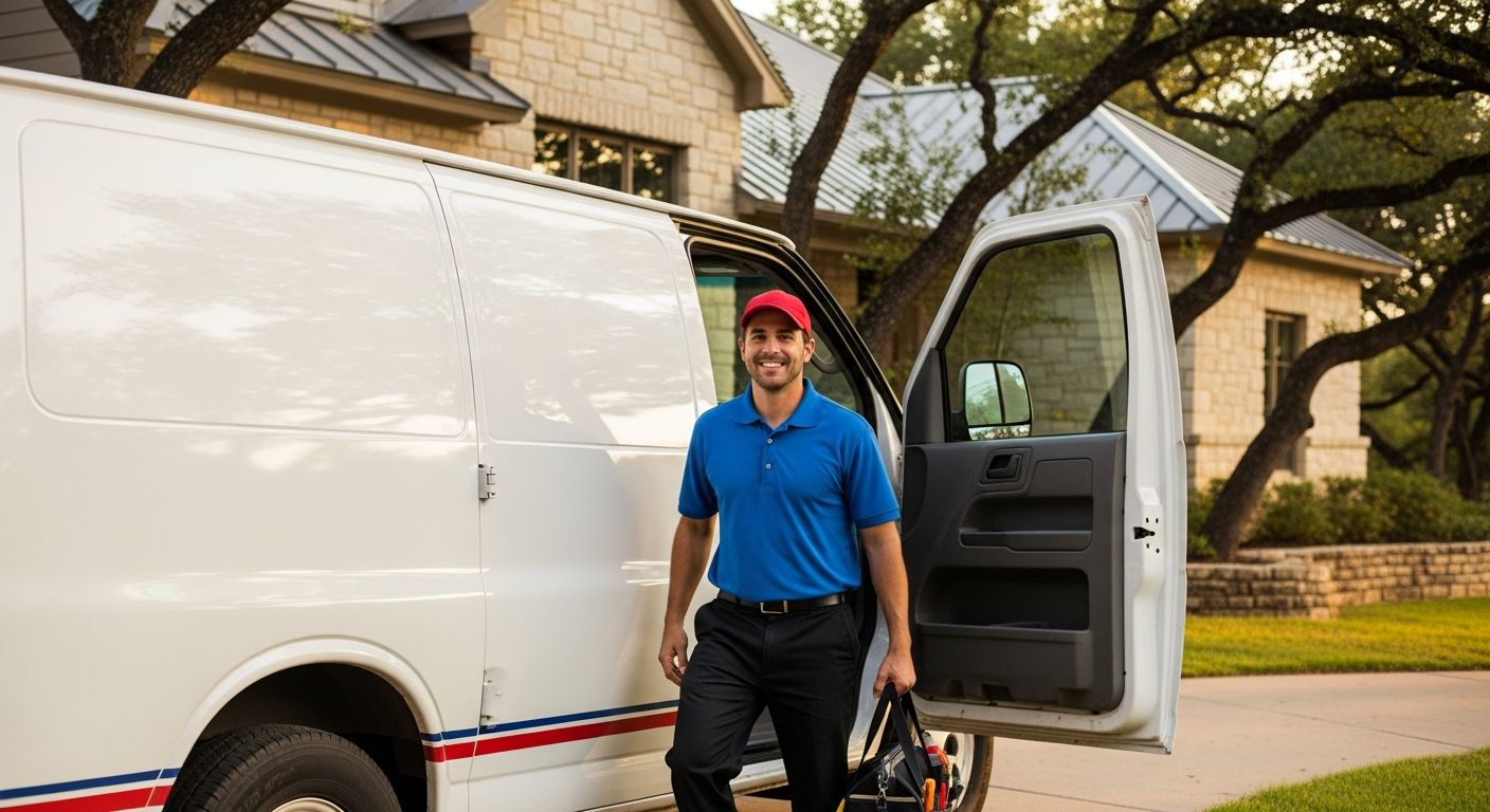 Rooter-Man of Austin service van arriving in Leander