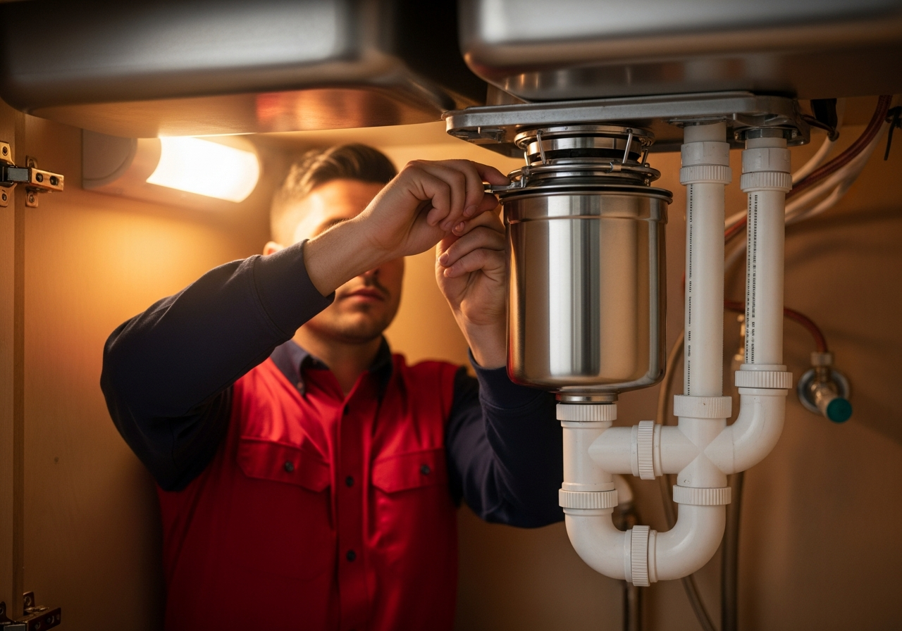 Garbage disposal replacement under a kitchen sink by Rooter-Man of Austin